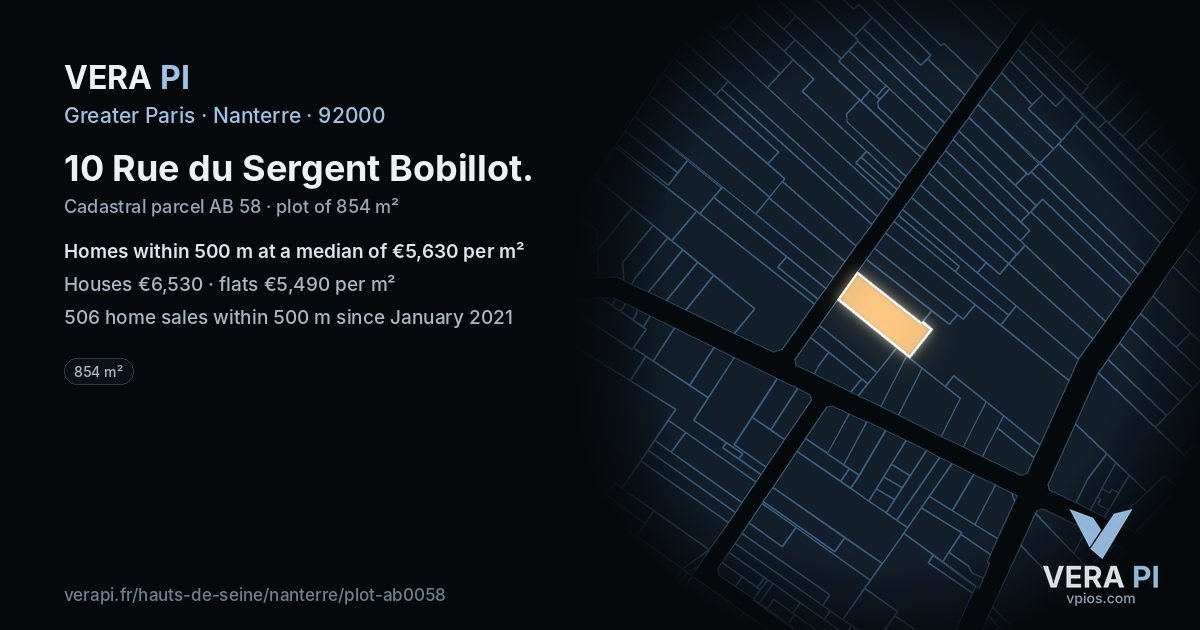 10 Rue du Sergent Bobillot, Nanterre at night – the plot lit, the parcels around coloured by the prices near them