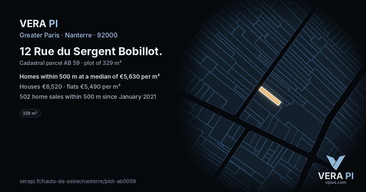 12 Rue du Sergent Bobillot, Nanterre at night – the plot lit, the parcels around coloured by the prices near them
