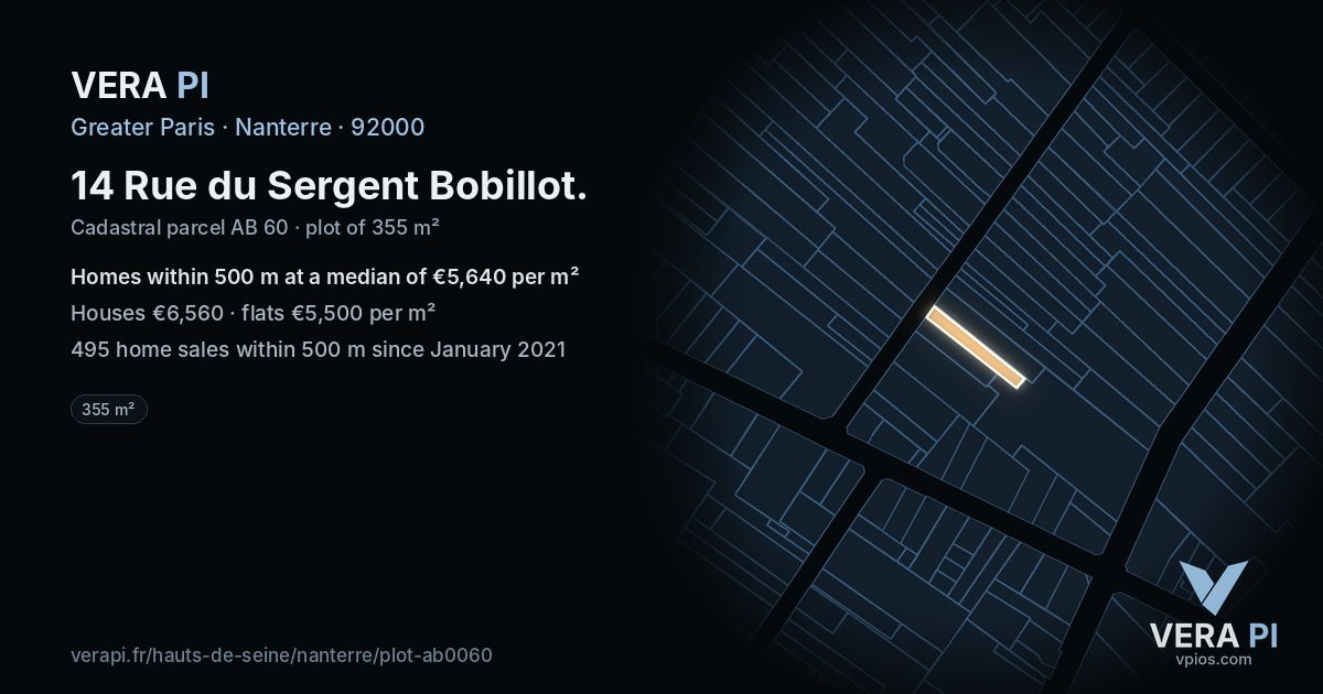 14 Rue du Sergent Bobillot, Nanterre at night – the plot lit, the parcels around coloured by the prices near them