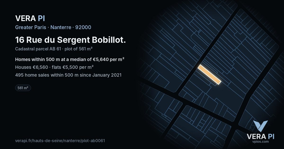 16 Rue du Sergent Bobillot, Nanterre at night – the plot lit, the parcels around coloured by the prices near them