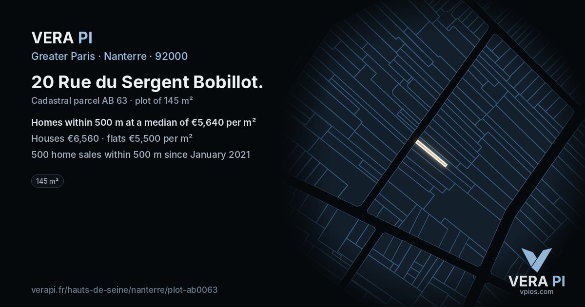 20 Rue du Sergent Bobillot, Nanterre at night – the plot lit, the parcels around coloured by the prices near them