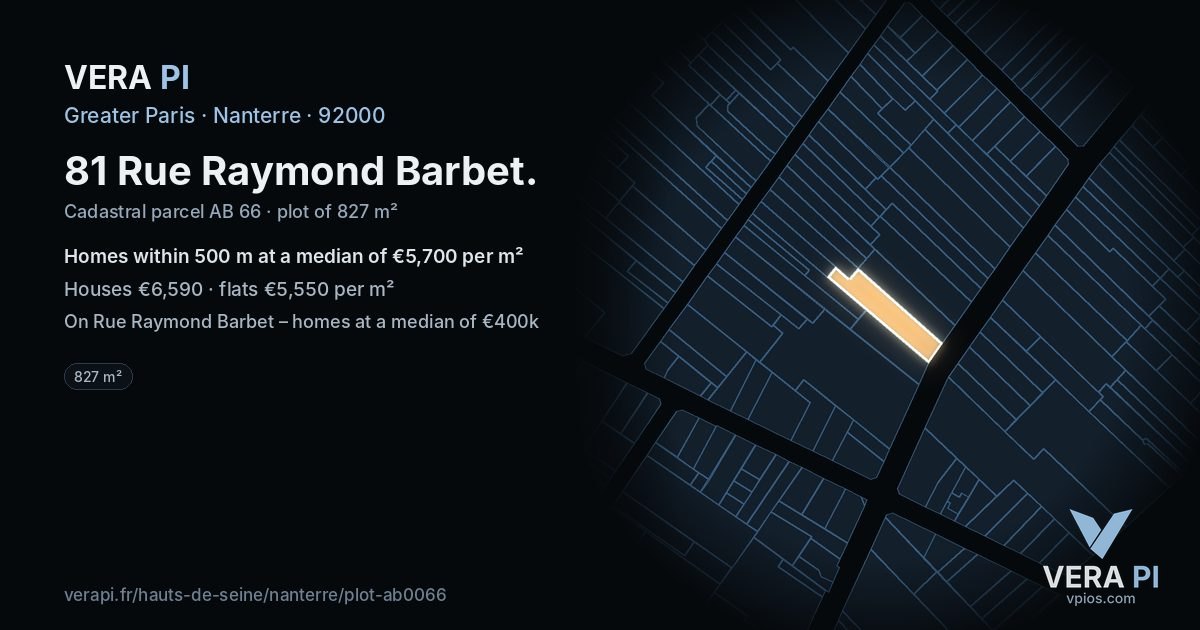 81 Rue Raymond Barbet, Nanterre at night – the plot lit, the parcels around coloured by the prices near them