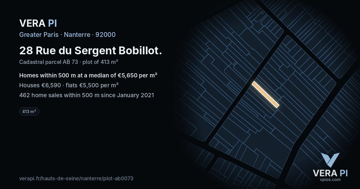 28 Rue du Sergent Bobillot, Nanterre at night – the plot lit, the parcels around coloured by the prices near them