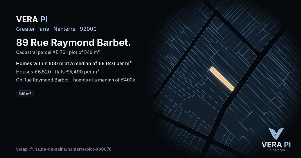 89 Rue Raymond Barbet, Nanterre at night – the plot lit, the parcels around coloured by the prices near them