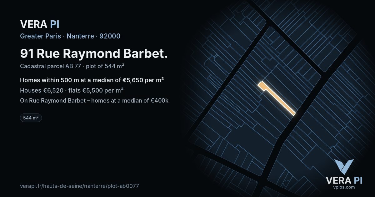 91 Rue Raymond Barbet, Nanterre at night – the plot lit, the parcels around coloured by the prices near them