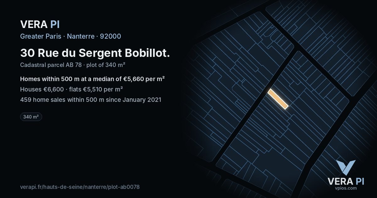 30 Rue du Sergent Bobillot, Nanterre at night – the plot lit, the parcels around coloured by the prices near them