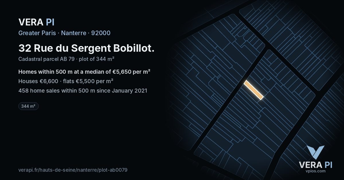 32 Rue du Sergent Bobillot, Nanterre at night – the plot lit, the parcels around coloured by the prices near them