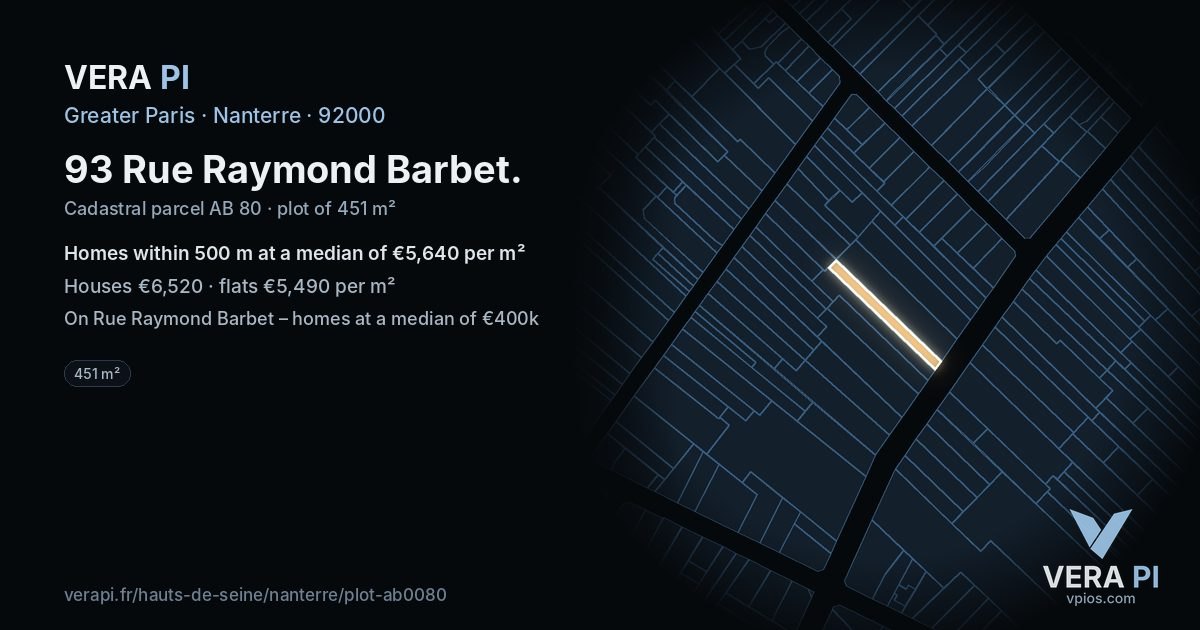 93 Rue Raymond Barbet, Nanterre at night – the plot lit, the parcels around coloured by the prices near them