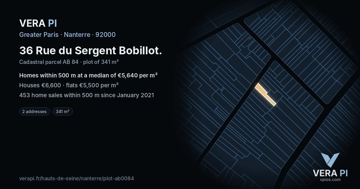 36 Rue du Sergent Bobillot, Nanterre at night – the plot lit, the parcels around coloured by the prices near them