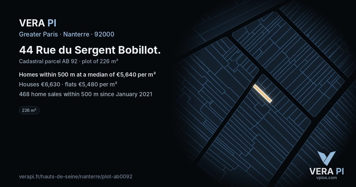 44 Rue du Sergent Bobillot, Nanterre at night – the plot lit, the parcels around coloured by the prices near them