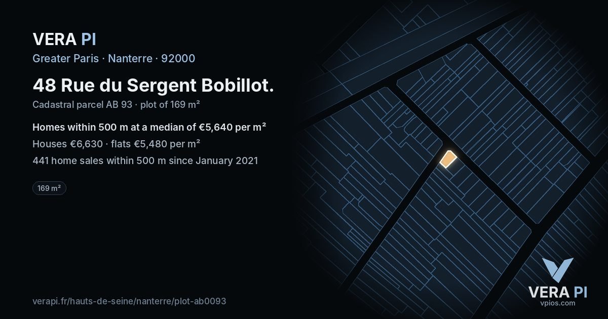 48 Rue du Sergent Bobillot, Nanterre at night – the plot lit, the parcels around coloured by the prices near them