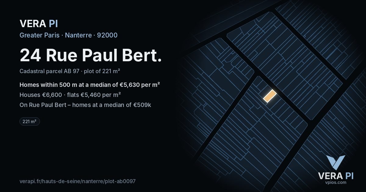 24 Rue Paul Bert, Nanterre at night – the plot lit, the parcels around coloured by the prices near them