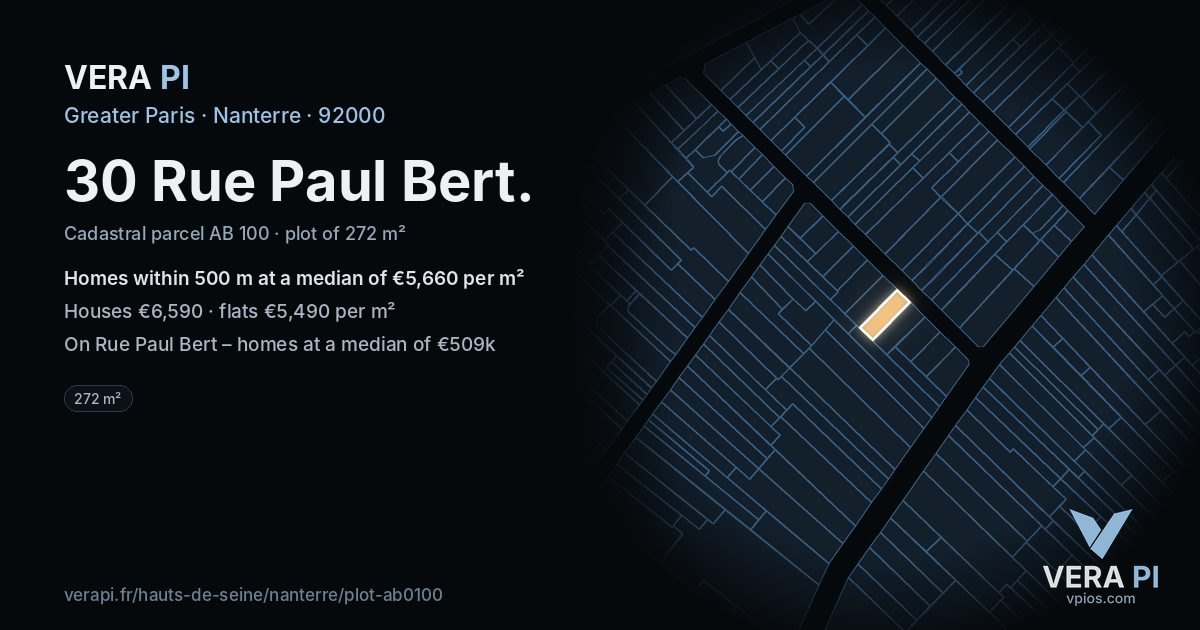 30 Rue Paul Bert, Nanterre at night – the plot lit, the parcels around coloured by the prices near them