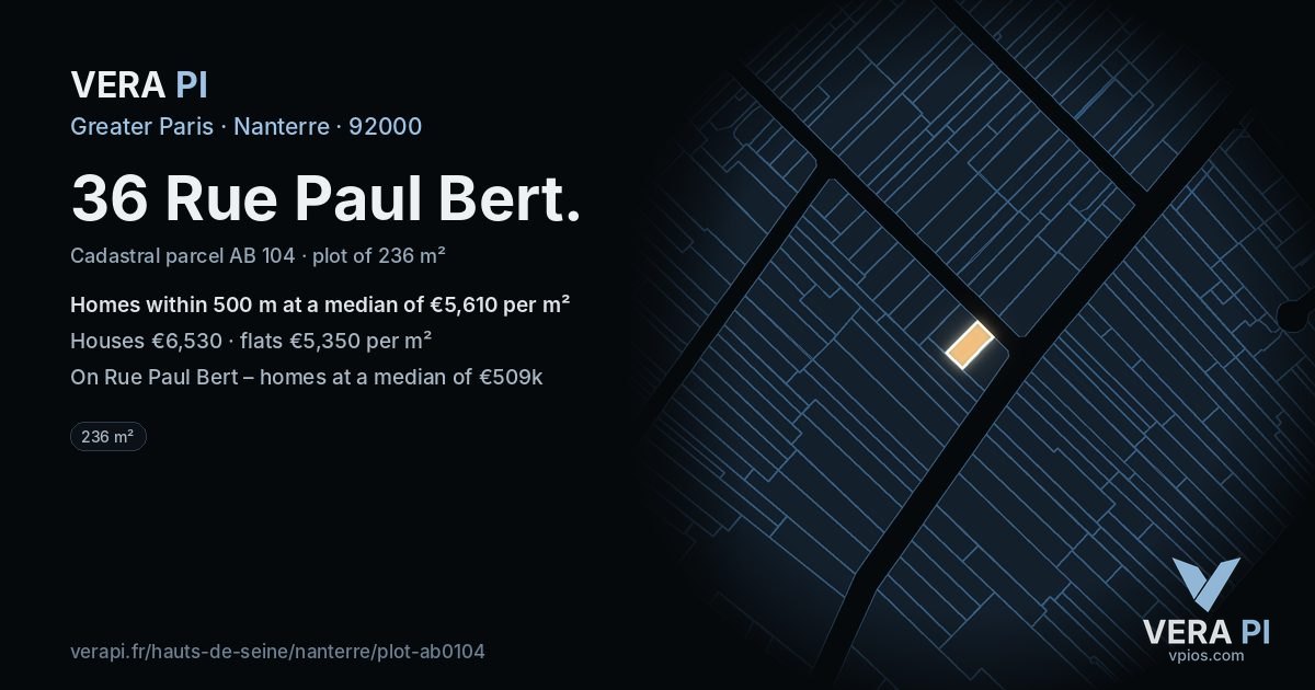 36 Rue Paul Bert, Nanterre at night – the plot lit, the parcels around coloured by the prices near them