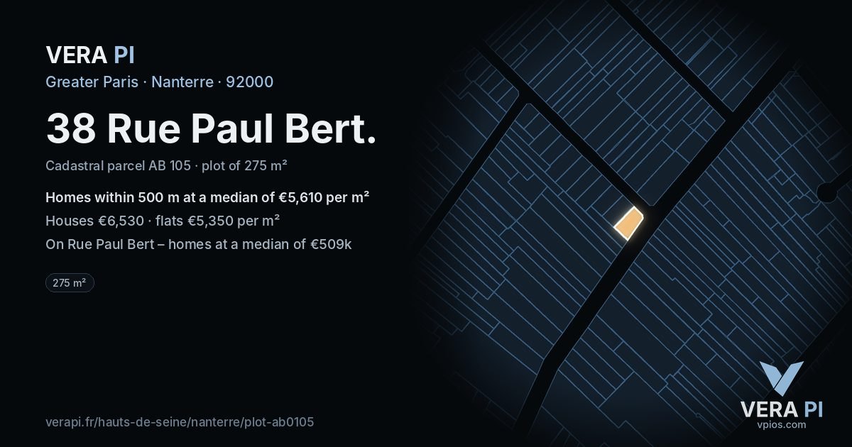 38 Rue Paul Bert, Nanterre at night – the plot lit, the parcels around coloured by the prices near them