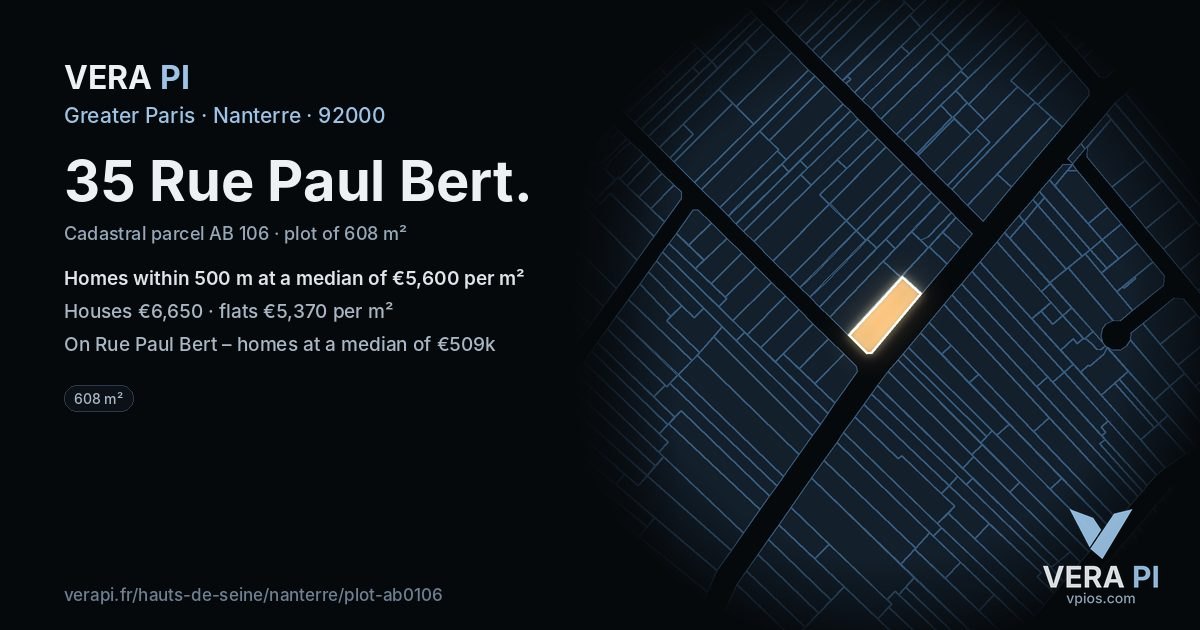 35 Rue Paul Bert, Nanterre at night – the plot lit, the parcels around coloured by the prices near them
