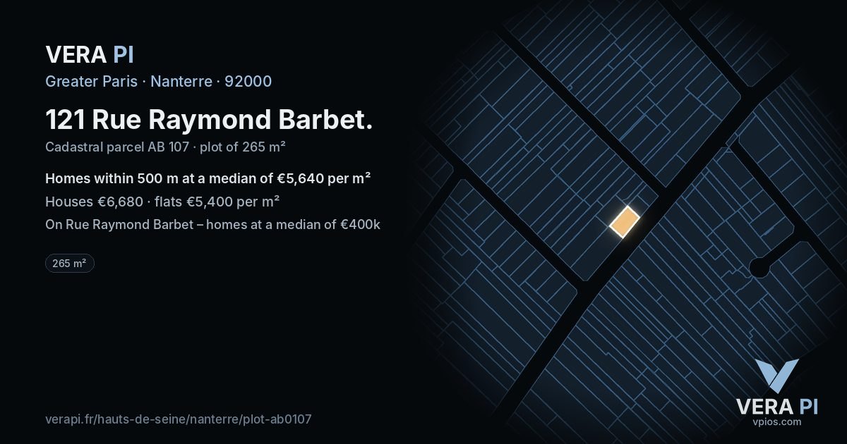 121 Rue Raymond Barbet, Nanterre at night – the plot lit, the parcels around coloured by the prices near them