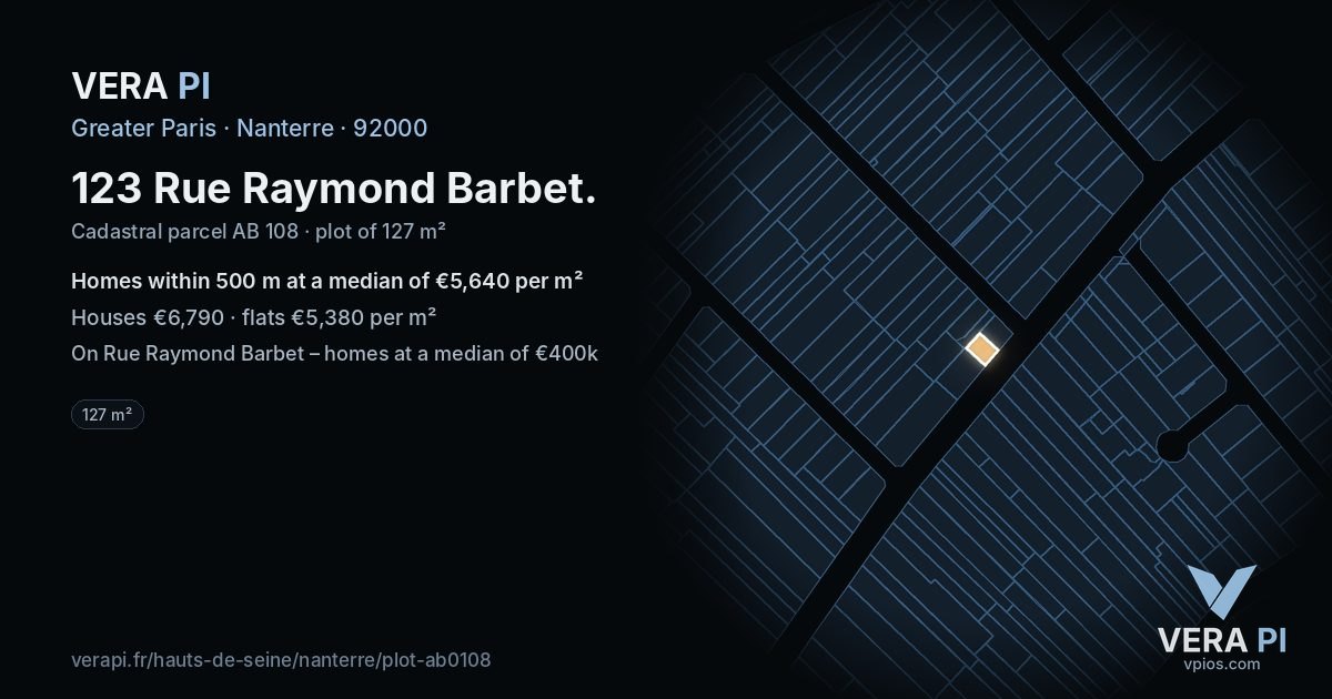 123 Rue Raymond Barbet, Nanterre at night – the plot lit, the parcels around coloured by the prices near them