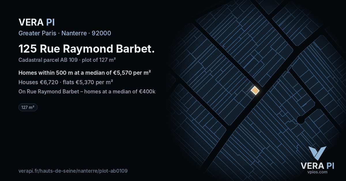 125 Rue Raymond Barbet, Nanterre at night – the plot lit, the parcels around coloured by the prices near them