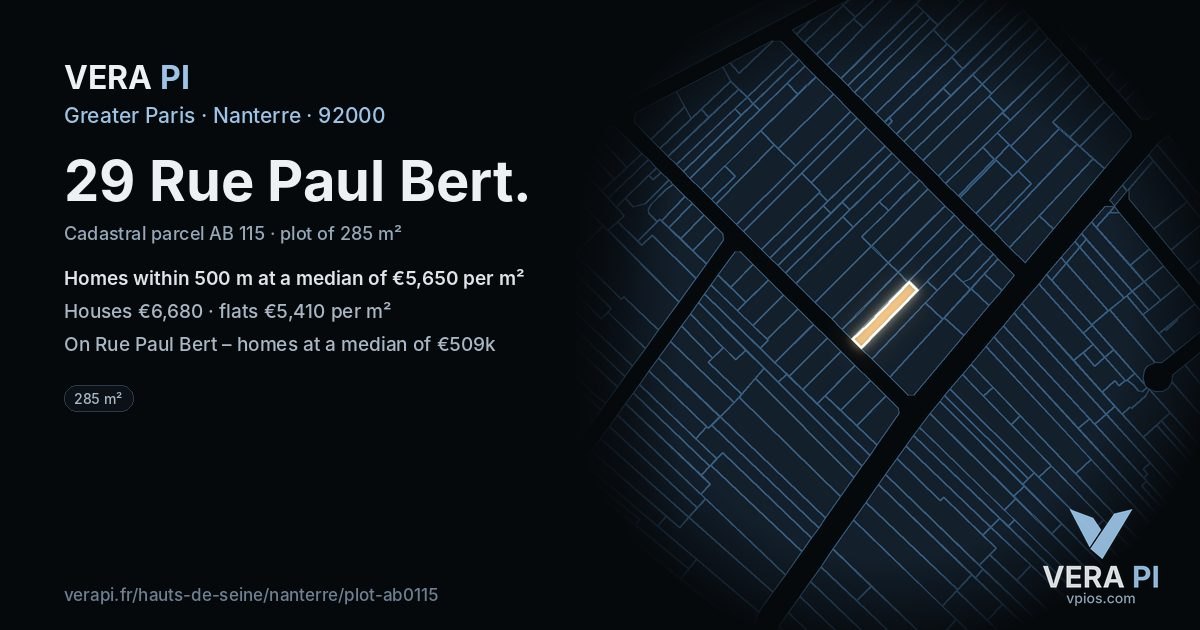 29 Rue Paul Bert, Nanterre at night – the plot lit, the parcels around coloured by the prices near them