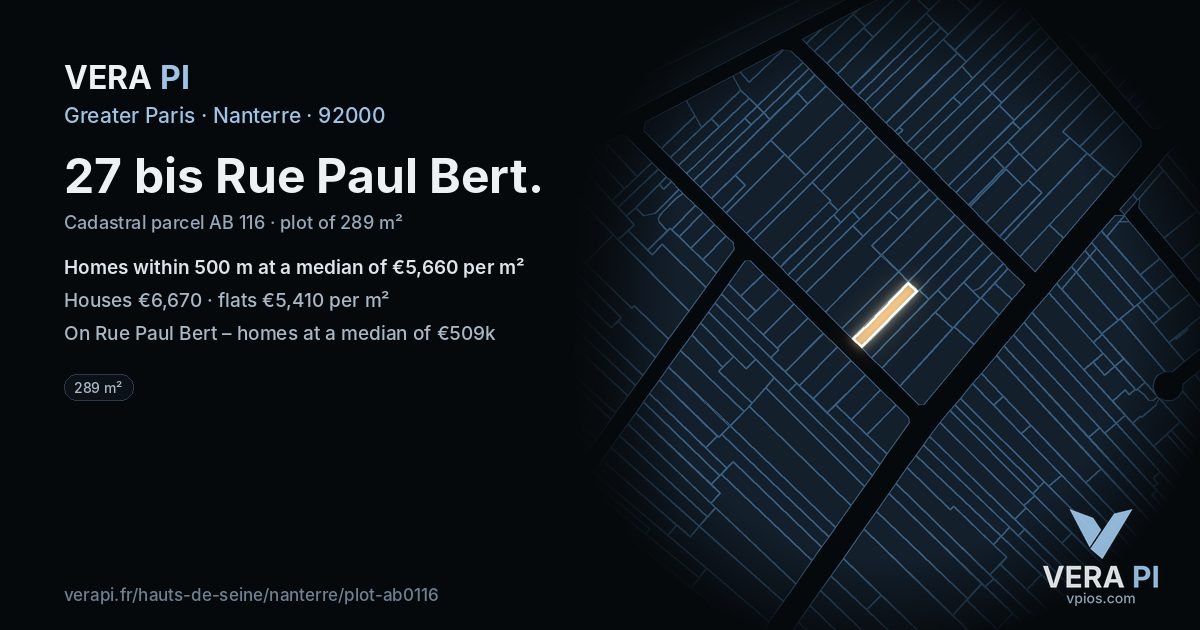 27 bis Rue Paul Bert, Nanterre at night – the plot lit, the parcels around coloured by the prices near them