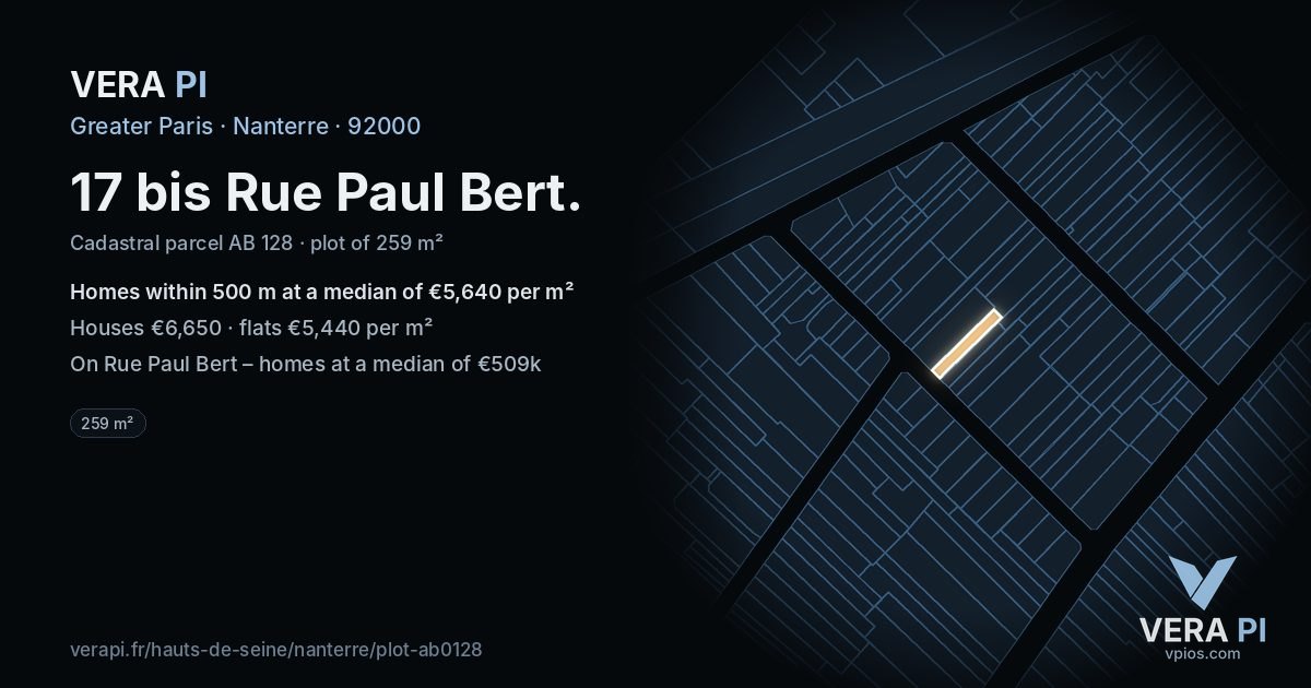 17 bis Rue Paul Bert, Nanterre at night – the plot lit, the parcels around coloured by the prices near them