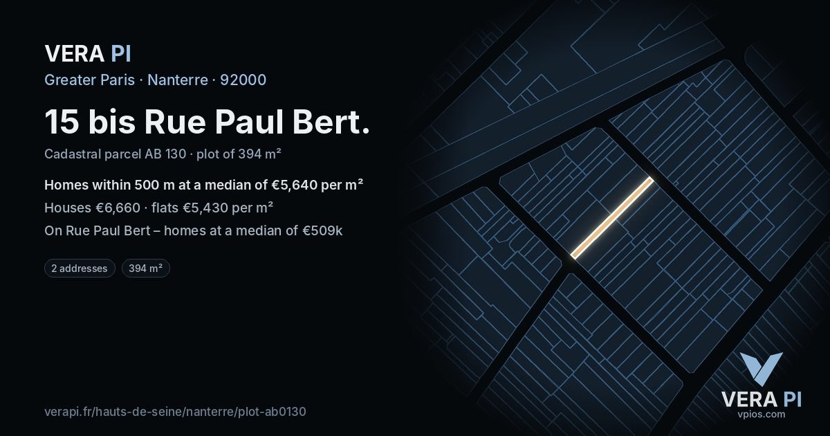 15 bis Rue Paul Bert, Nanterre at night – the plot lit, the parcels around coloured by the prices near them