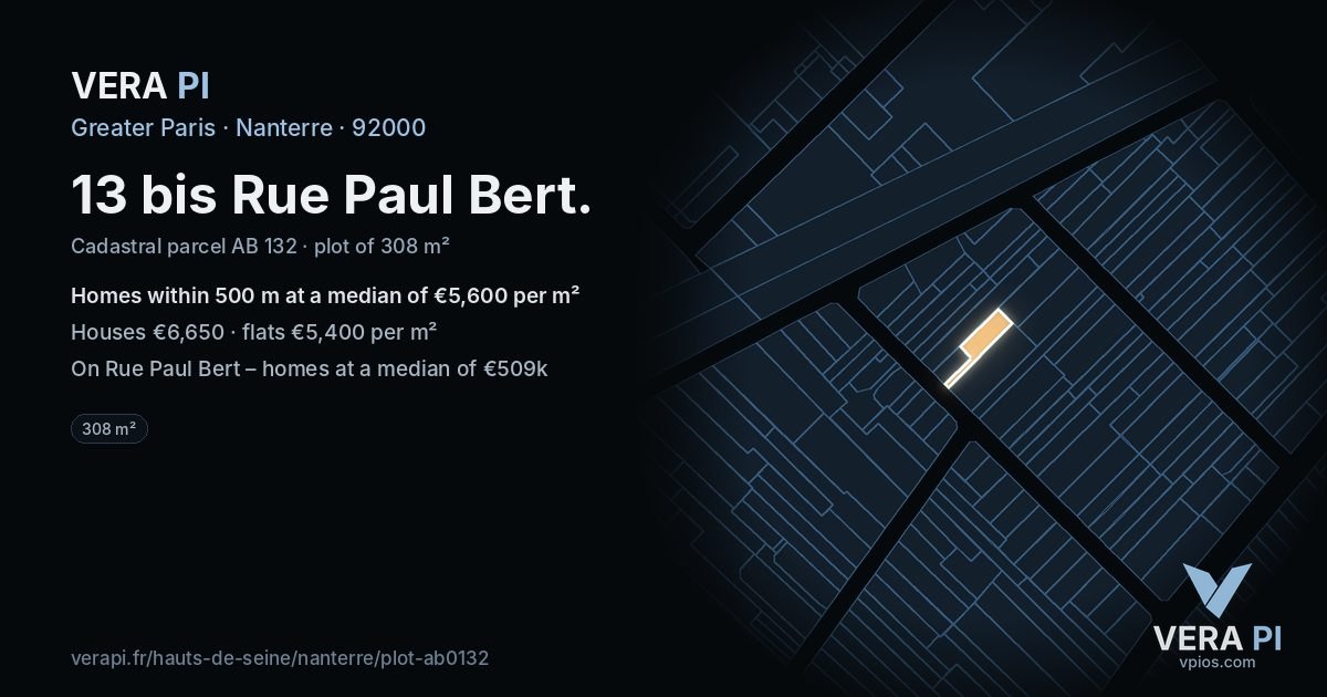 13 bis Rue Paul Bert, Nanterre at night – the plot lit, the parcels around coloured by the prices near them