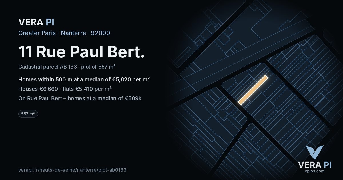 11 Rue Paul Bert, Nanterre at night – the plot lit, the parcels around coloured by the prices near them