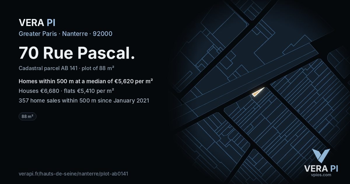 70 Rue Pascal, Nanterre at night – the plot lit, the parcels around coloured by the prices near them
