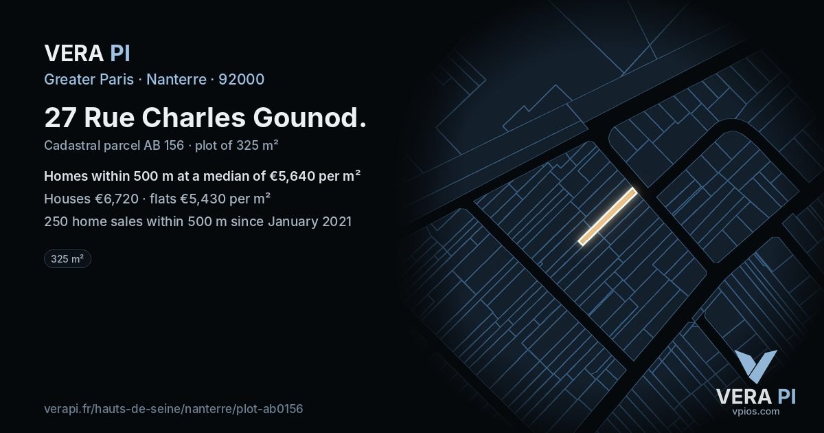 27 Rue Charles Gounod, Nanterre at night – the plot lit, the parcels around coloured by the prices near them