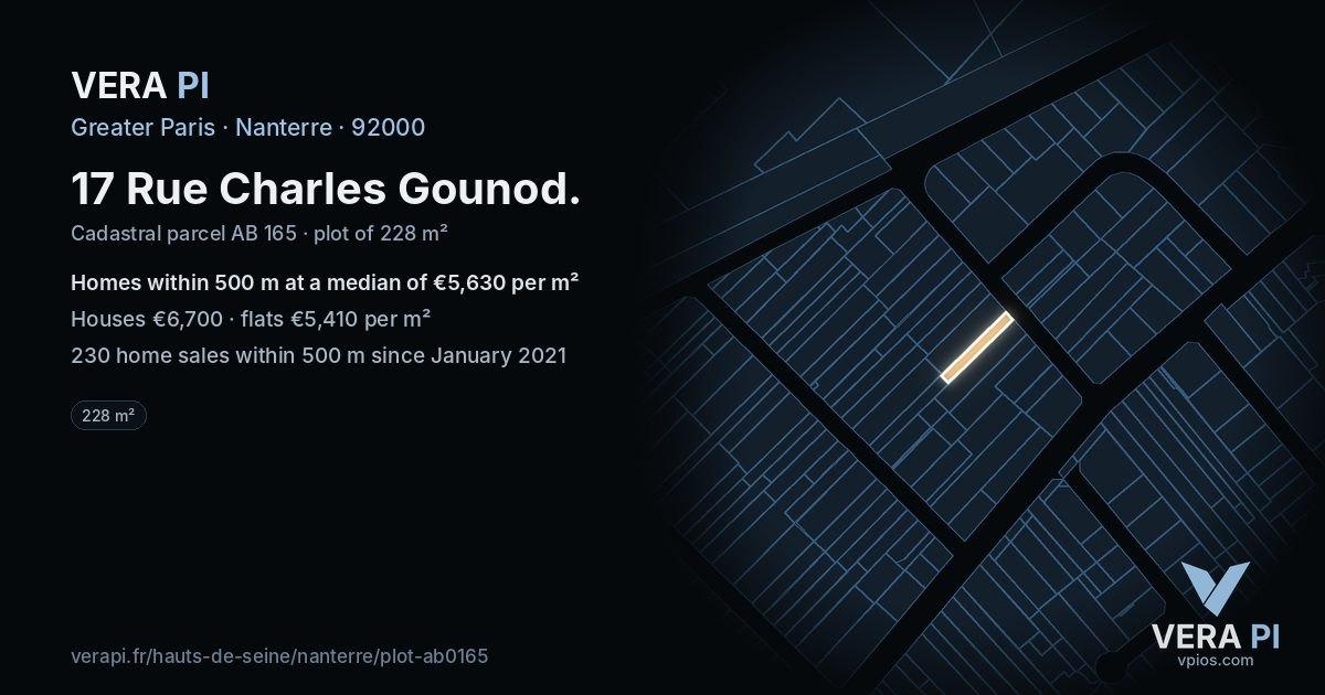 17 Rue Charles Gounod, Nanterre at night – the plot lit, the parcels around coloured by the prices near them