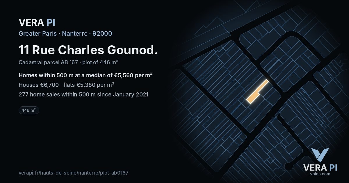 11 Rue Charles Gounod, Nanterre at night – the plot lit, the parcels around coloured by the prices near them