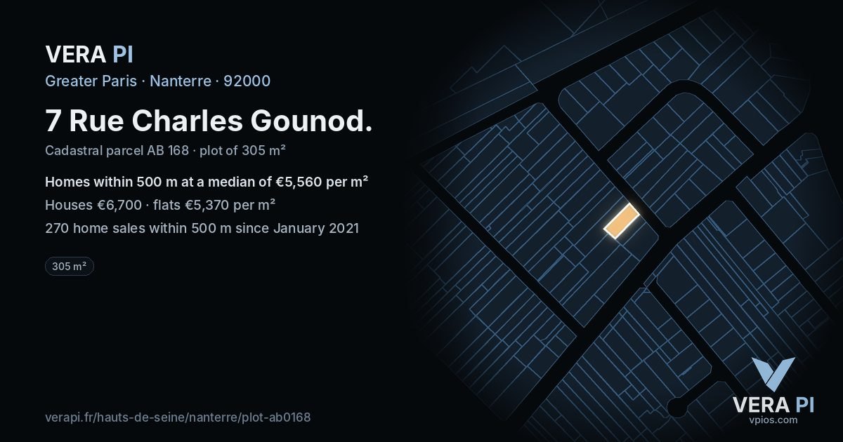 7 Rue Charles Gounod, Nanterre at night – the plot lit, the parcels around coloured by the prices near them