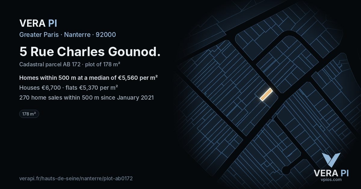 5 Rue Charles Gounod, Nanterre at night – the plot lit, the parcels around coloured by the prices near them