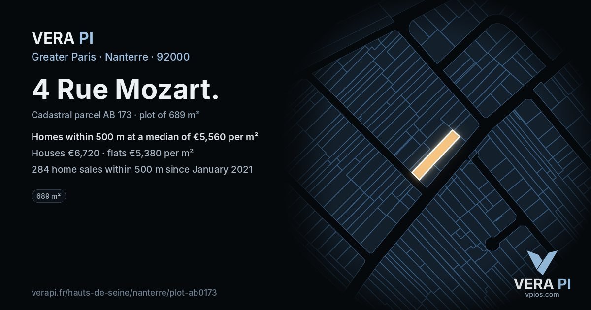 4 Rue Mozart, Nanterre at night – the plot lit, the parcels around coloured by the prices near them