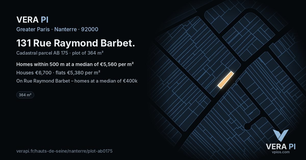 131 Rue Raymond Barbet, Nanterre at night – the plot lit, the parcels around coloured by the prices near them
