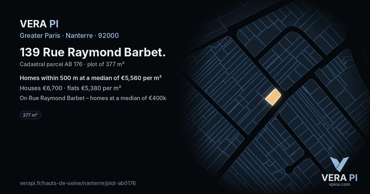 139 Rue Raymond Barbet, Nanterre at night – the plot lit, the parcels around coloured by the prices near them