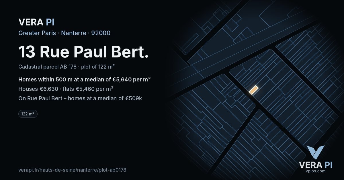 13 Rue Paul Bert, Nanterre at night – the plot lit, the parcels around coloured by the prices near them