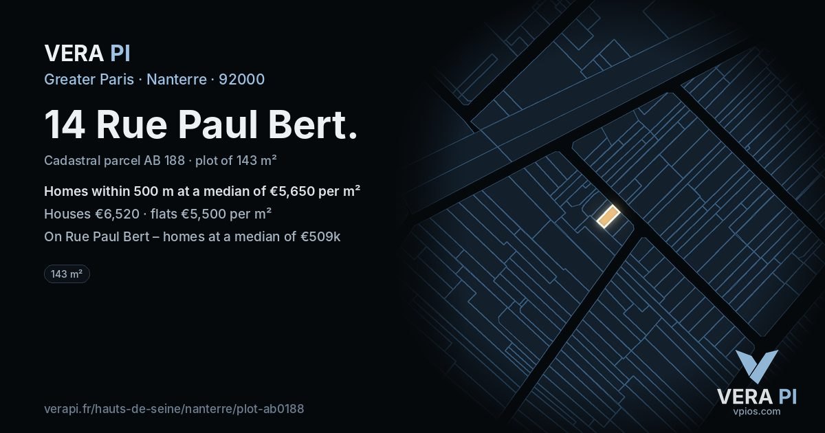 14 Rue Paul Bert, Nanterre at night – the plot lit, the parcels around coloured by the prices near them