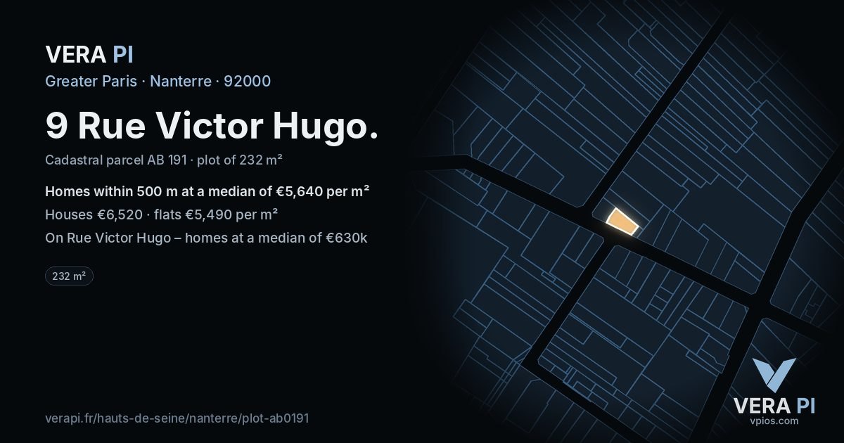 9 Rue Victor Hugo, Nanterre at night – the plot lit, the parcels around coloured by the prices near them