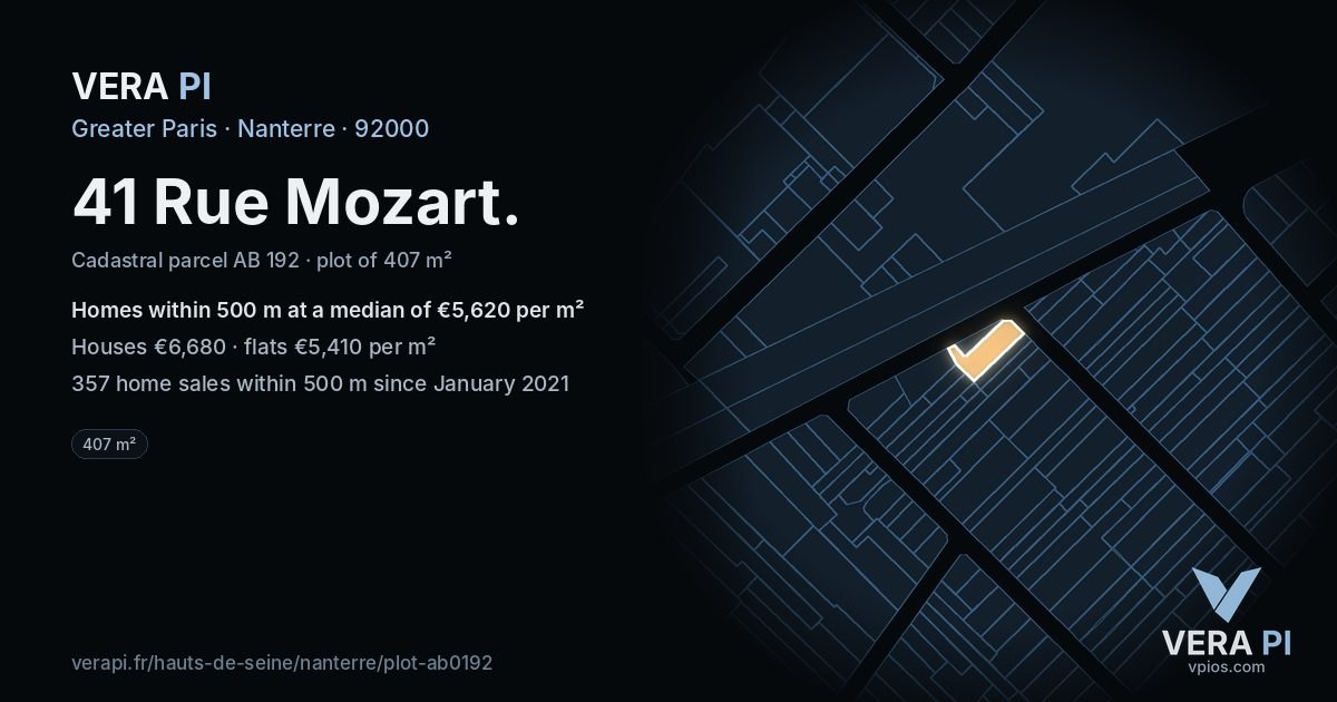 41 Rue Mozart, Nanterre at night – the plot lit, the parcels around coloured by the prices near them