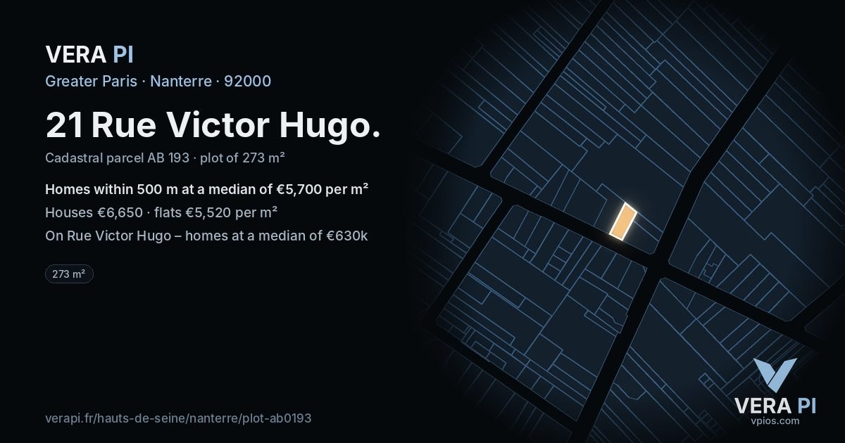 21 Rue Victor Hugo, Nanterre at night – the plot lit, the parcels around coloured by the prices near them
