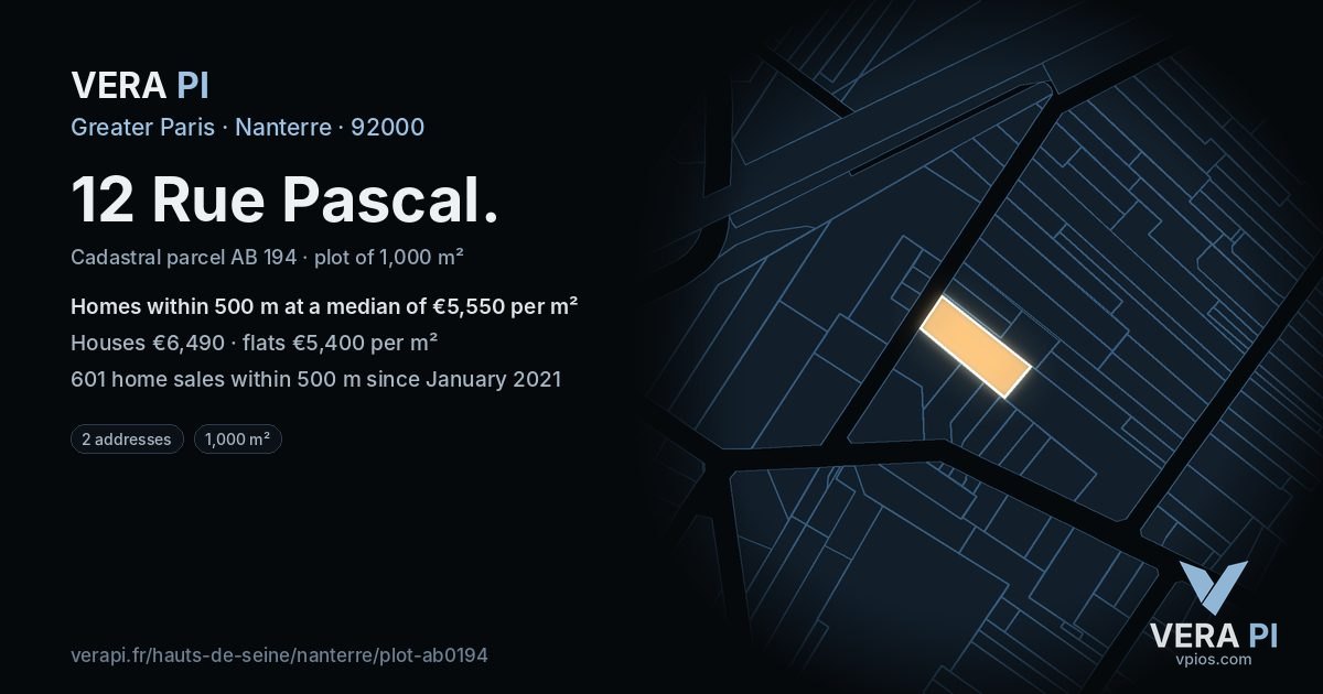 12 Rue Pascal, Nanterre at night – the plot lit, the parcels around coloured by the prices near them