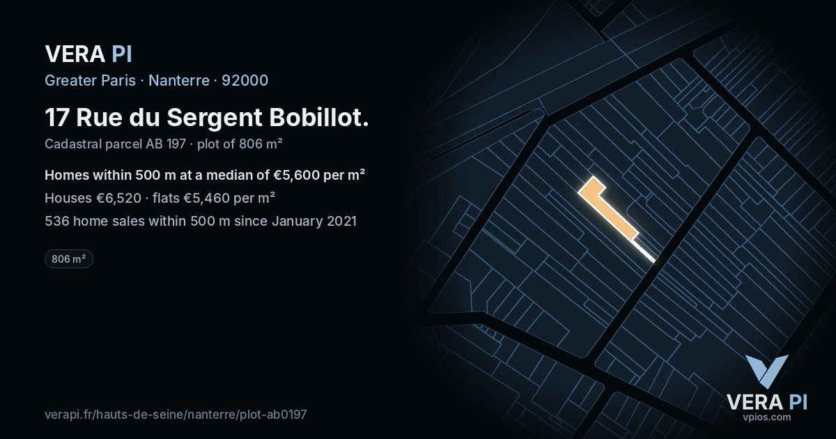 17 Rue du Sergent Bobillot, Nanterre at night – the plot lit, the parcels around coloured by the prices near them