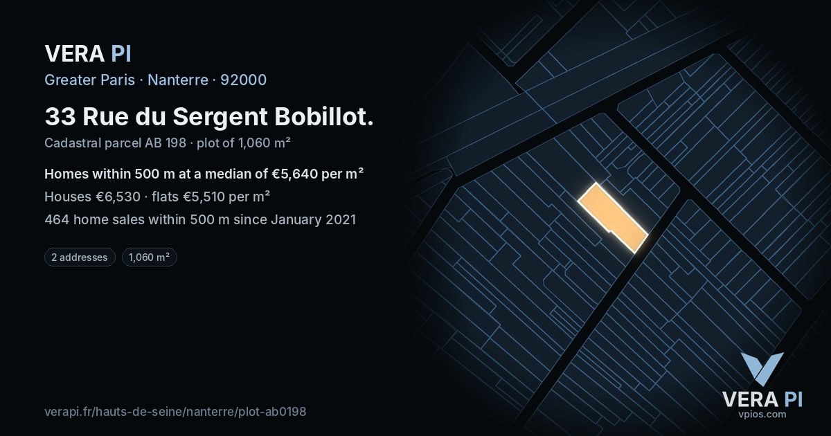 33 Rue du Sergent Bobillot, Nanterre at night – the plot lit, the parcels around coloured by the prices near them
