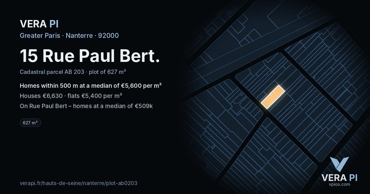 15 Rue Paul Bert, Nanterre at night – the plot lit, the parcels around coloured by the prices near them