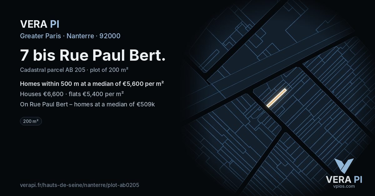 7 bis Rue Paul Bert, Nanterre at night – the plot lit, the parcels around coloured by the prices near them