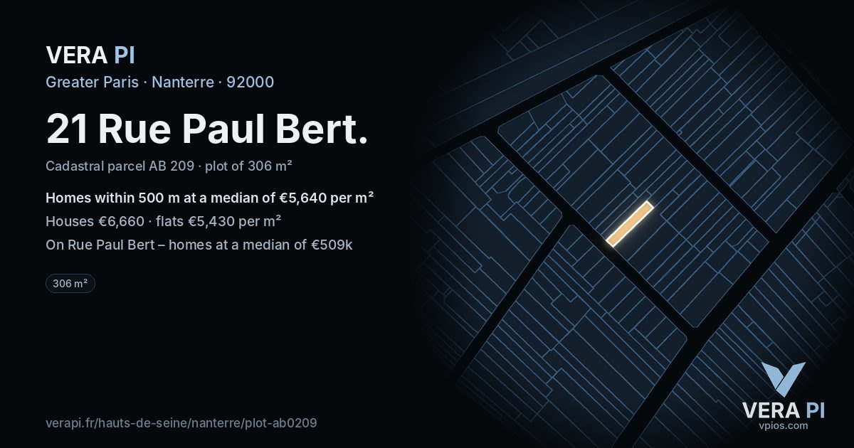 21 Rue Paul Bert, Nanterre at night – the plot lit, the parcels around coloured by the prices near them