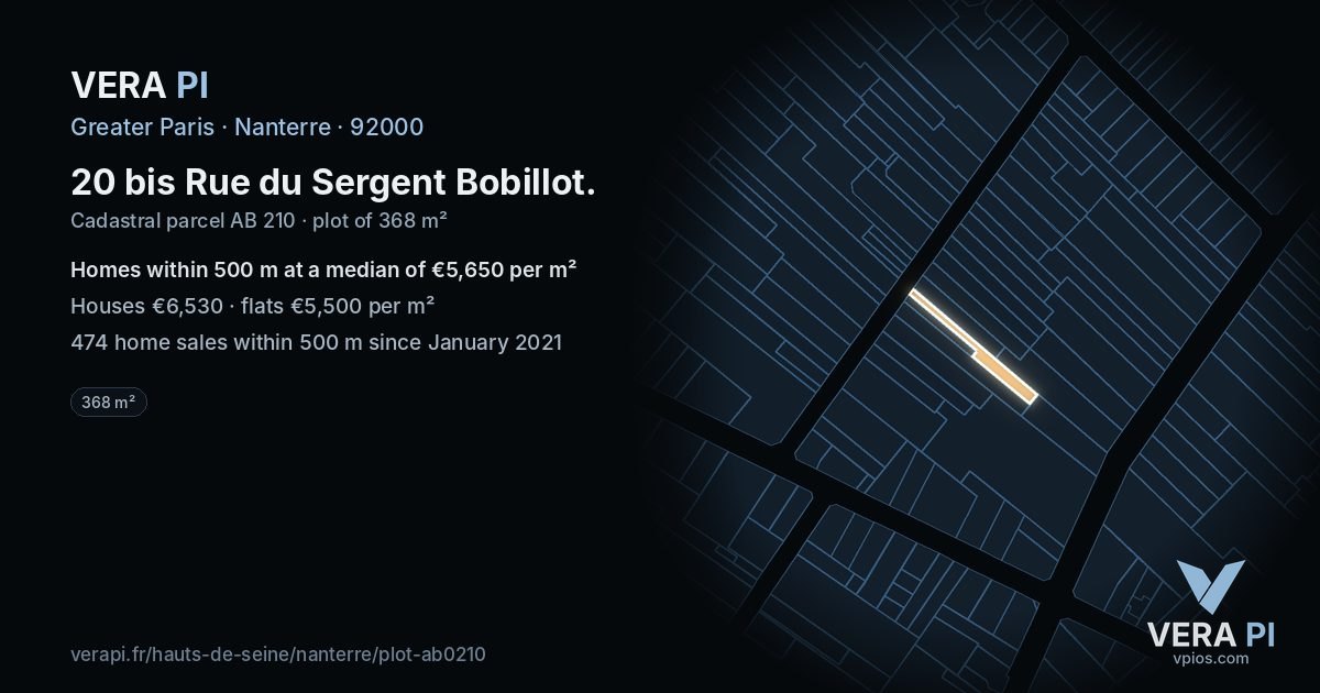 20 bis Rue du Sergent Bobillot, Nanterre at night – the plot lit, the parcels around coloured by the prices near them